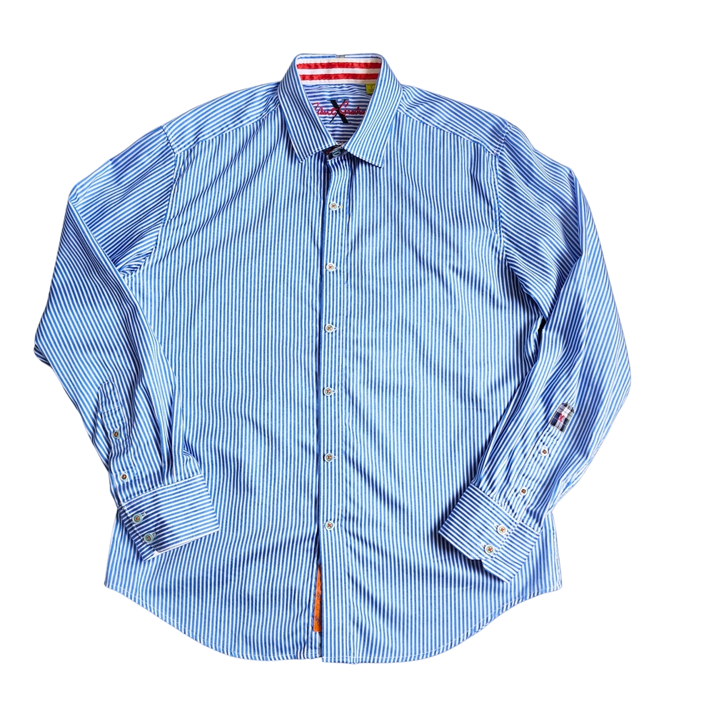 Robert Graham X Mens Blue‎ Striped Button-Up Tailored Shirt Flip Cuff, Sz Large